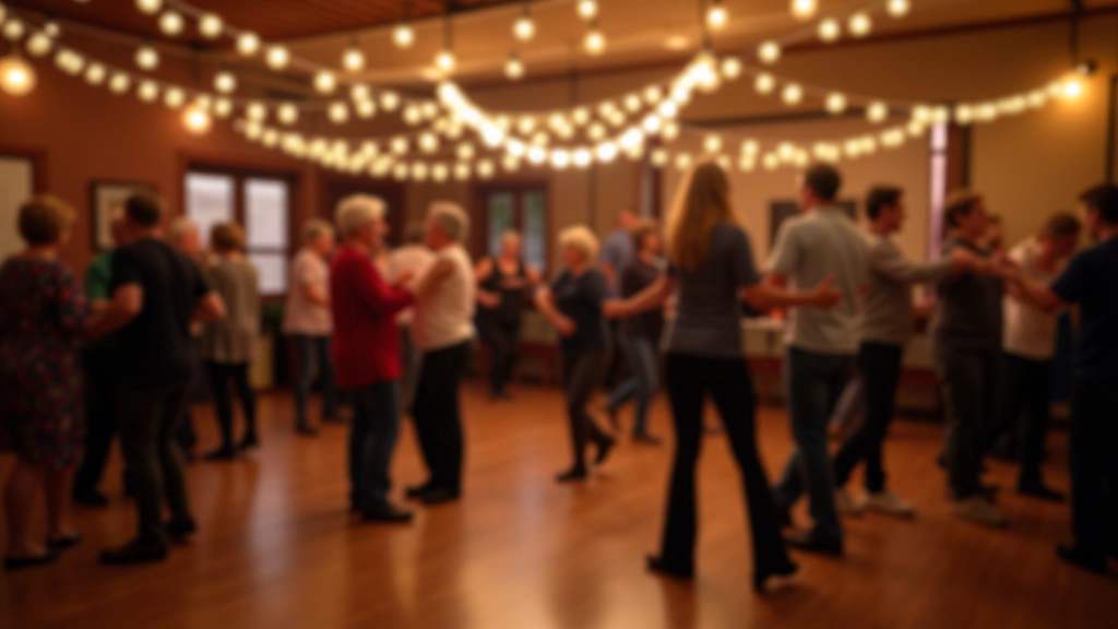 Wide view of a community hall with about 20 adults dancing in pairs, string lights overhead, casual and relaxed atmosphere