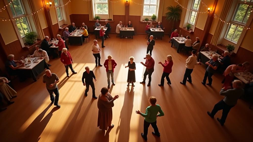 Overhead view of a community hall dance floor with multiple couples dancing, showing the full space and atmosphere