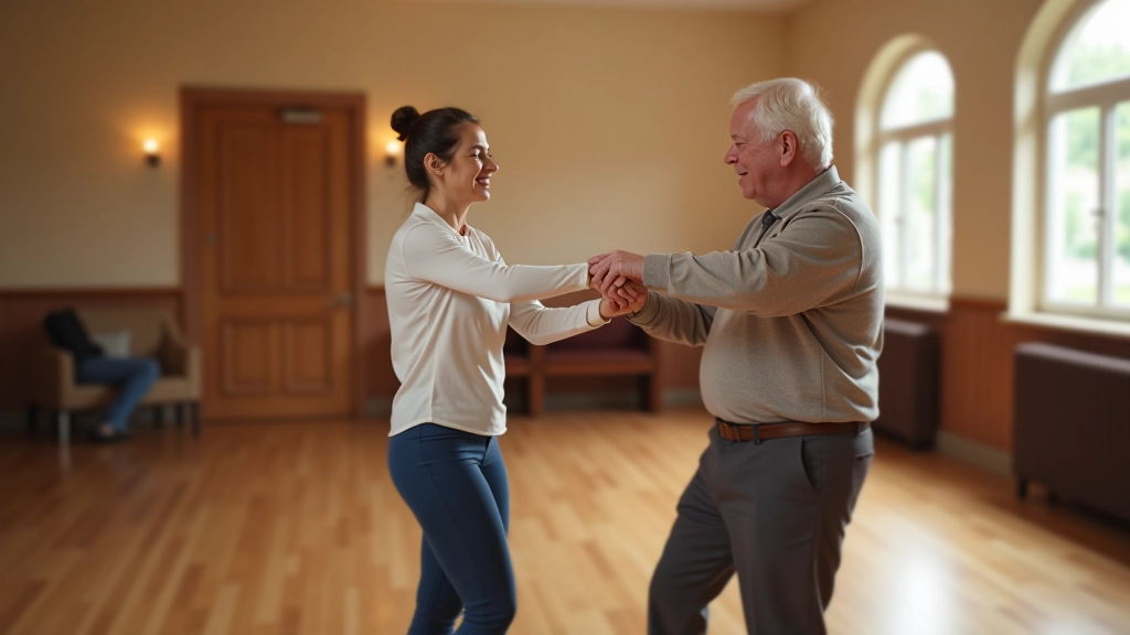 Small group of mature adults in a dance studio learning together, smiling and engaged