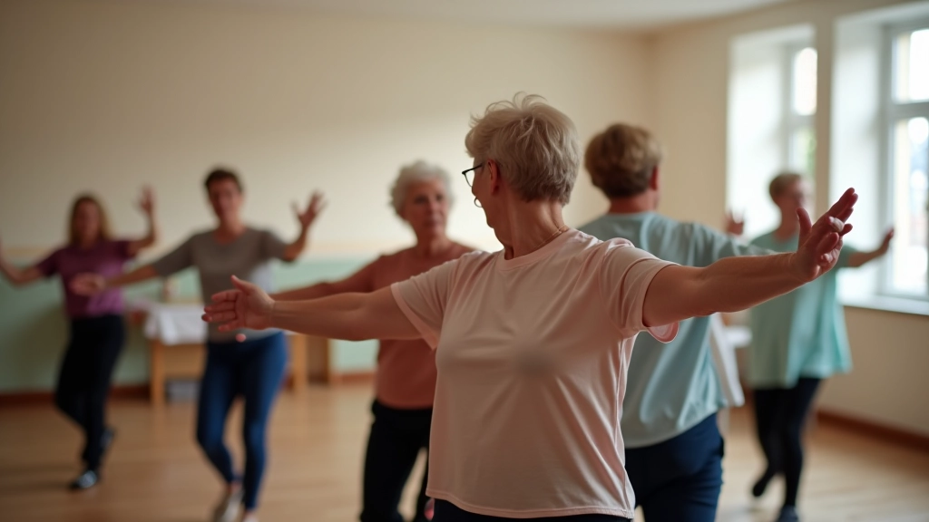 Wide shot of a dance class showing multiple participants moving through a coordinated pattern with extended arm movements