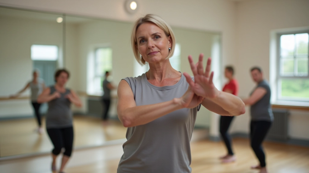 Instructor demonstrating bachata steps in a bright dance studio with mirrors
