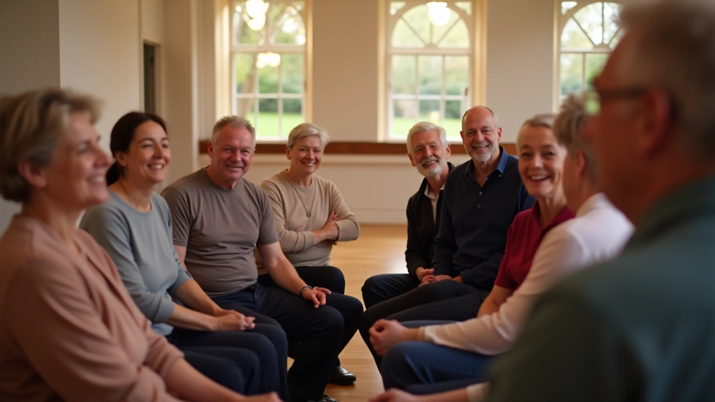 Group of adults of mixed ages laughing together in a dance studio, holding hands in a circle, warm lighting from overhead fixtures