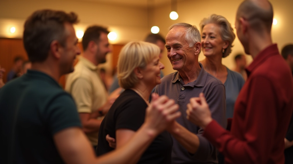 Mature adults dancing together at a community event