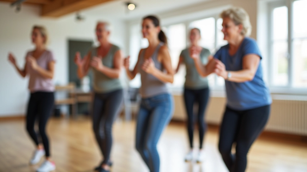 Group of mature adults practicing Latin dance together in a bright studio space in Killarney