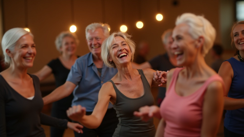 Happy dance class participants socializing and smiling after a session, showing the community and social benefits