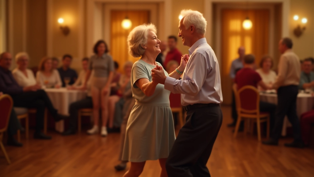 Group of mature adults dancing bachata in a community hall with warm lighting and wooden dance floor