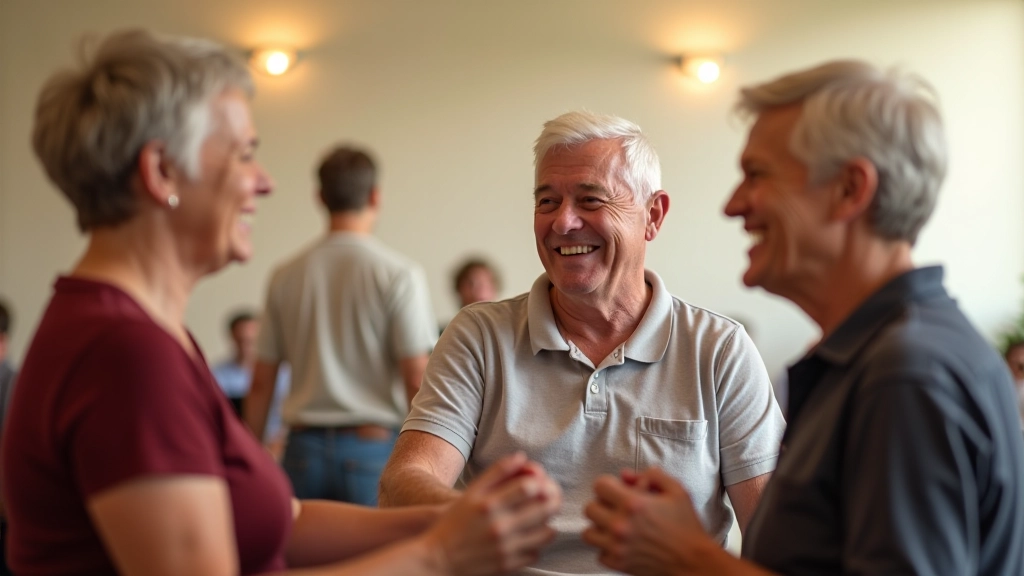 Mature adults socializing and laughing after a dance session in Killarney