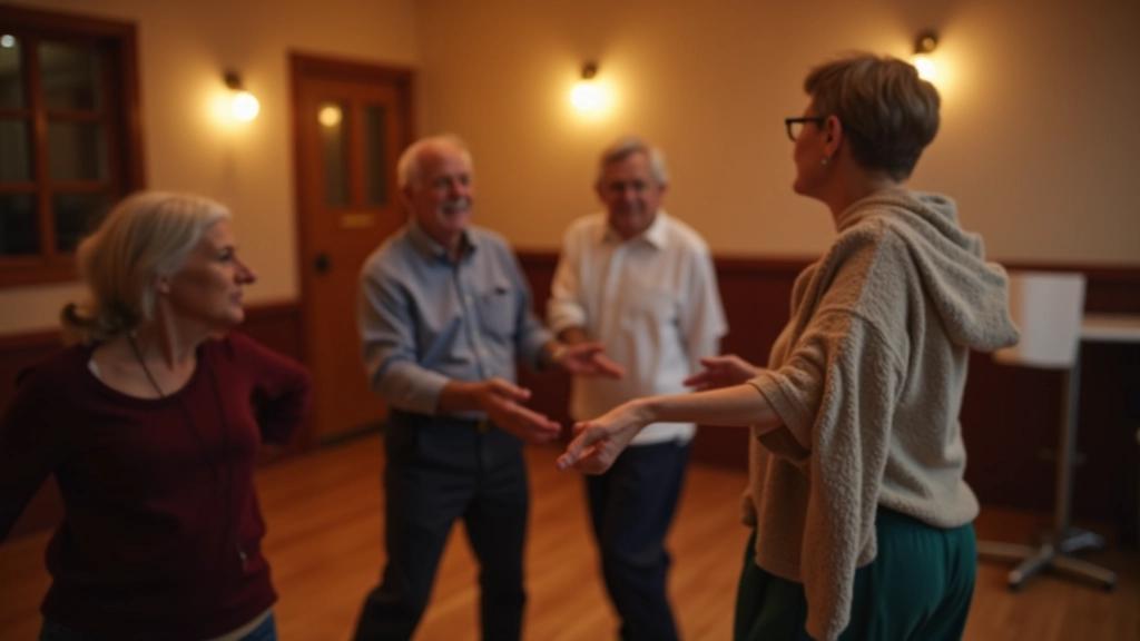 Dance instructor guiding mature dancers through Latin movement techniques in a community class setting