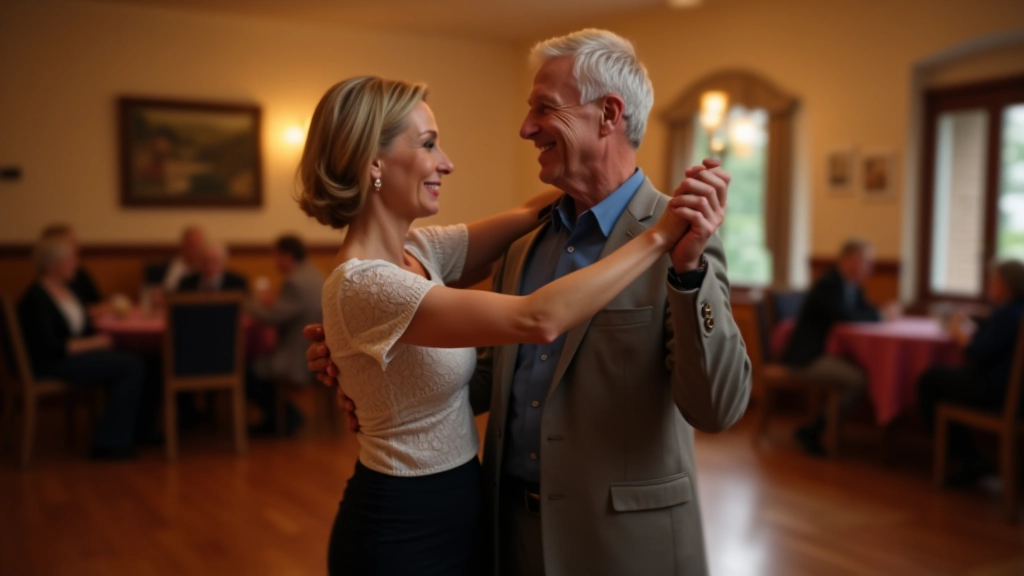 Mature man and woman dancing bachata in a community hall, smiling at each other, soft evening lighting