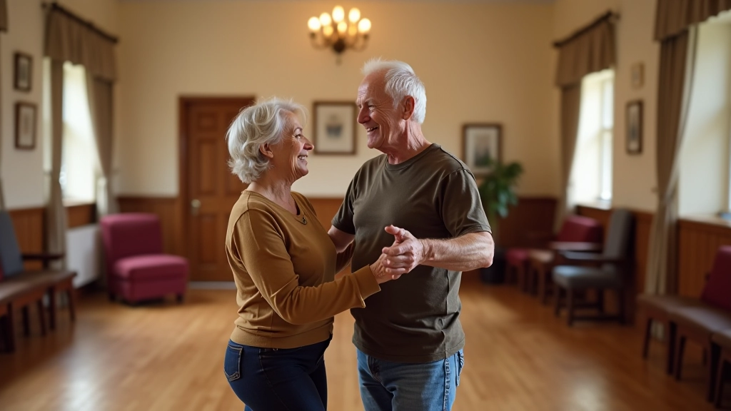 Mature couple dancing salsa together in a bright community hall with wooden floors