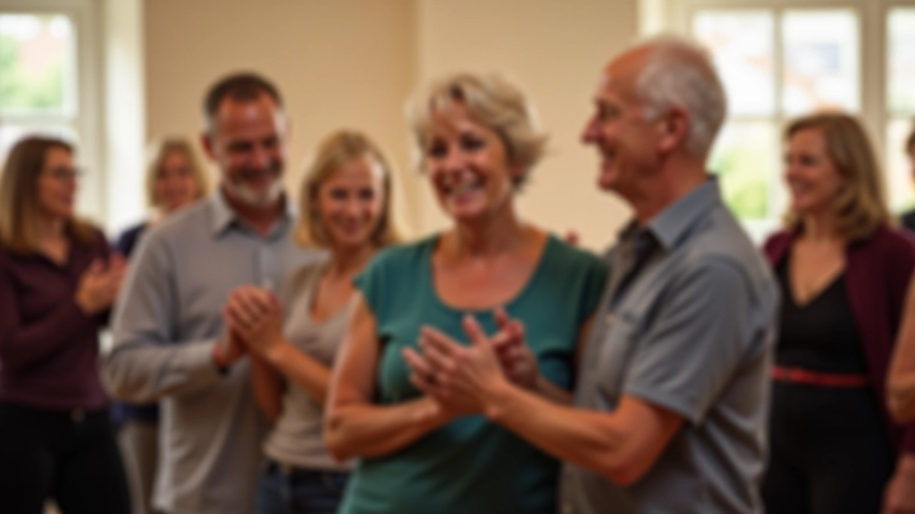 Group of seniors in a dance workshop in Galway, learning Latin dance moves together