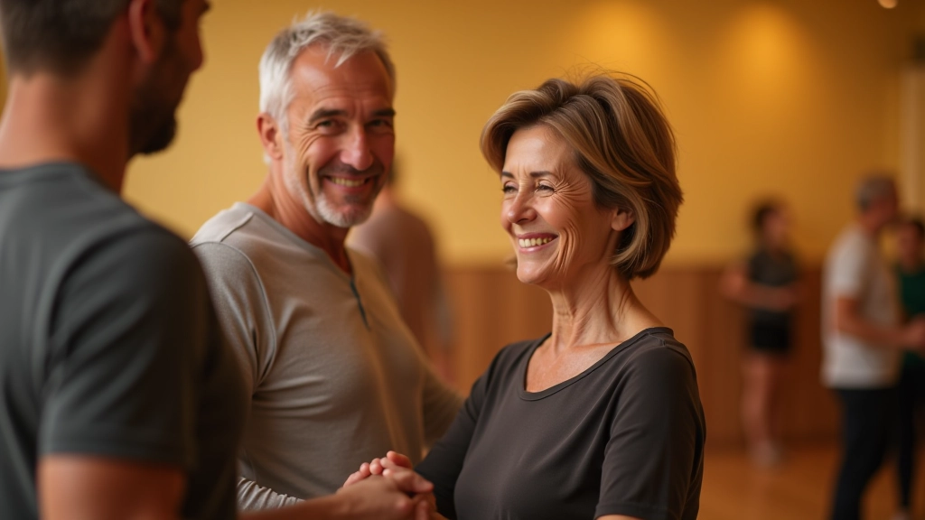 Two dance partners aged 55+ learning together in a welcoming dance studio environment with warm lighting